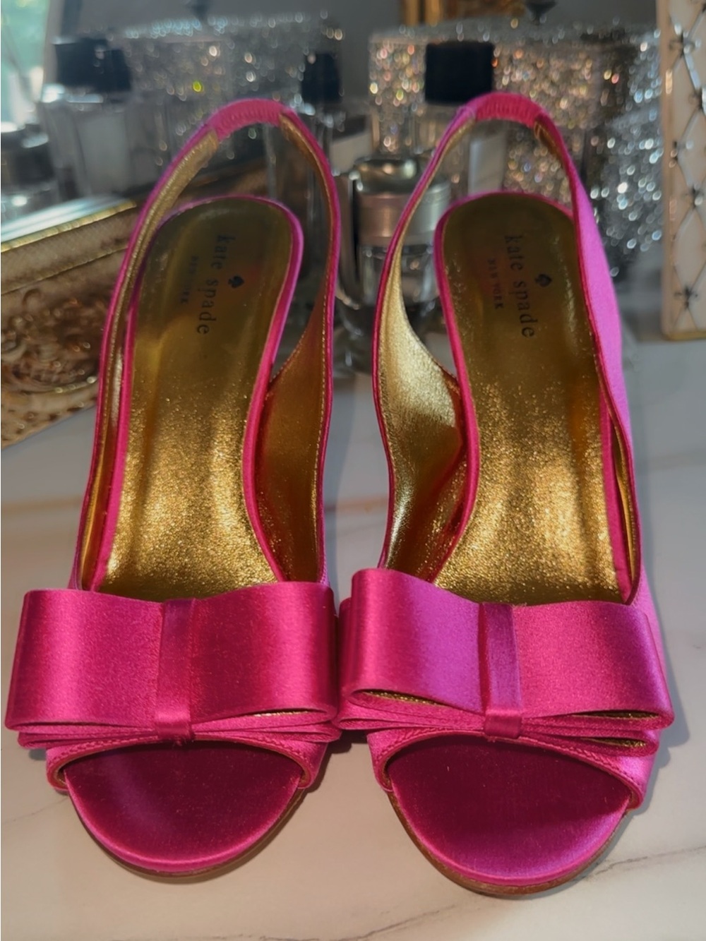 kate spade Hot Pink Satin Bow Slingback Heels 8 1/12 made in Italy